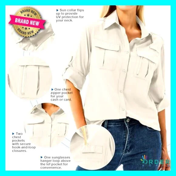 Long Sleeve Button Down UPF 50 Sun Protection Shirt Safari Hiking Fishing